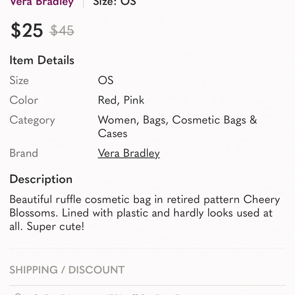 Vera Bradley Pink Black White Quilted Floral Cosmetic Bag